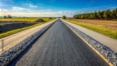 A newly constructed asphalt road stretches into the horizon, lined with freshly laid concrete curbs and surrounded by a layer of compacted gravel aggregate. photo