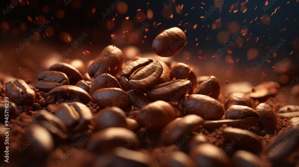 Roasted coffee beans falling on heap against brown background. Neural network ai generated art Roasted coffee beans falling on heap against brown background. Neural network ai generated art