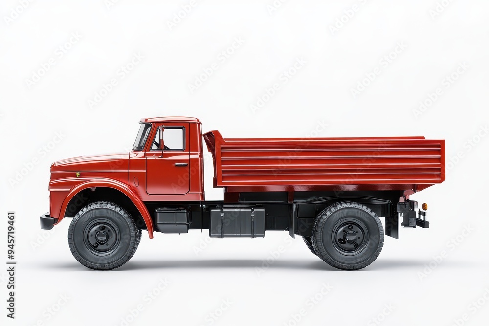 A red dump truck with a flatbed, designed for transporting materials. A red dump truck with a flatbed, designed for transporting materials.