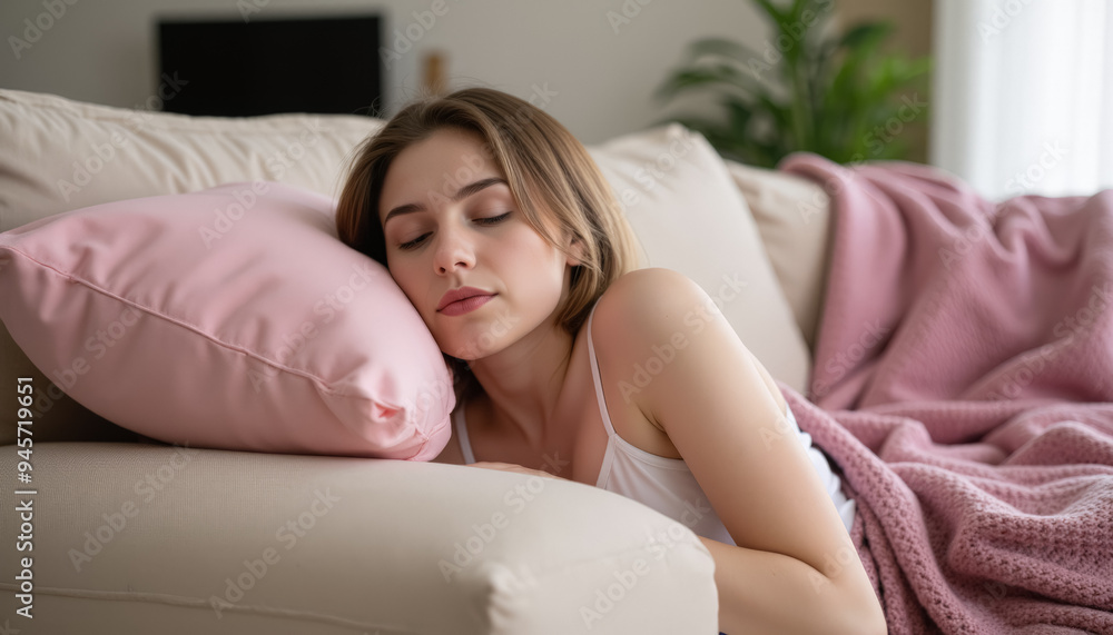 Young woman sleeping, comfortably laying on a couch with a pink pillow.