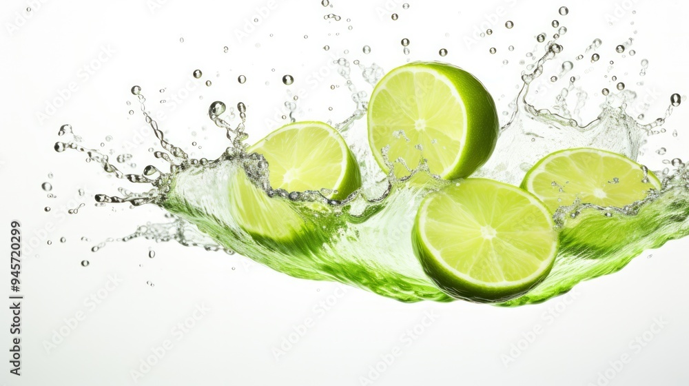 Splash of water and few green limes on white background. Neural network ai generated art Splash of water and few green limes on white background. Neural network ai generated art