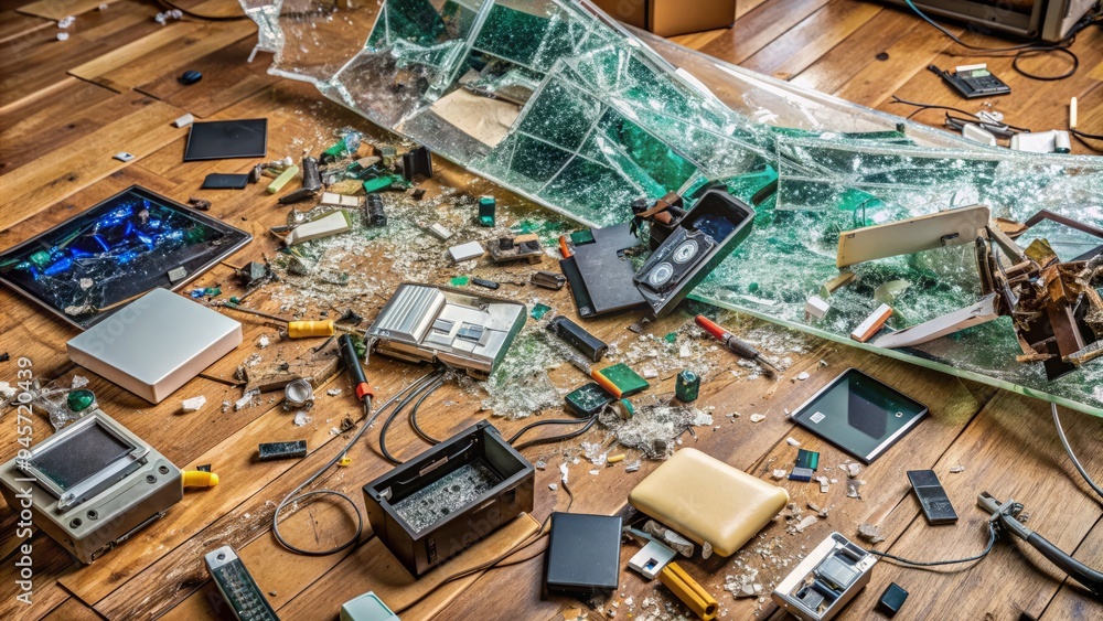 A pile of broken and shattered goods, including cracked electronics, shattered glass, and torn packaging, scattered on a worn wooden floor amidst debris and chaos. A pile of broken and shattered goods, including cracked electronics, shattered glass, and torn packaging, scattered on a worn wooden floor amidst debris and chaos.