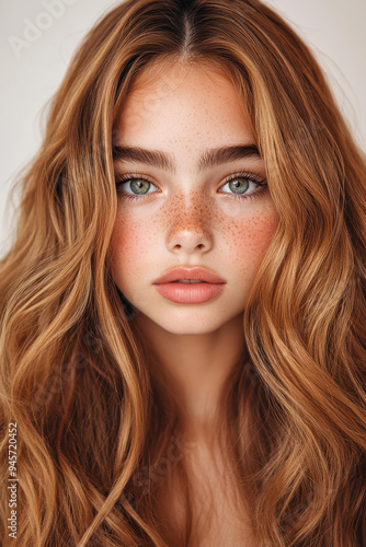 A charming yearold woman with golden wavy hair and striking green eyes, adorned with cute freckles on her nose.