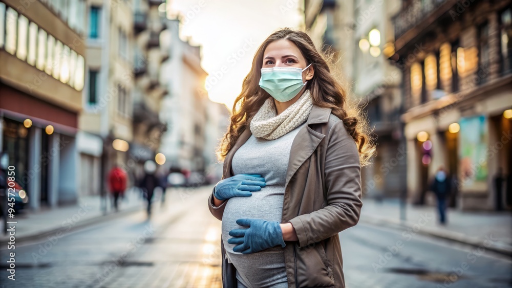 Naklejka premium A pregnant woman wearing a face mask and gloves holds her belly while standing in a deserted city street during the coronavirus pandemic.