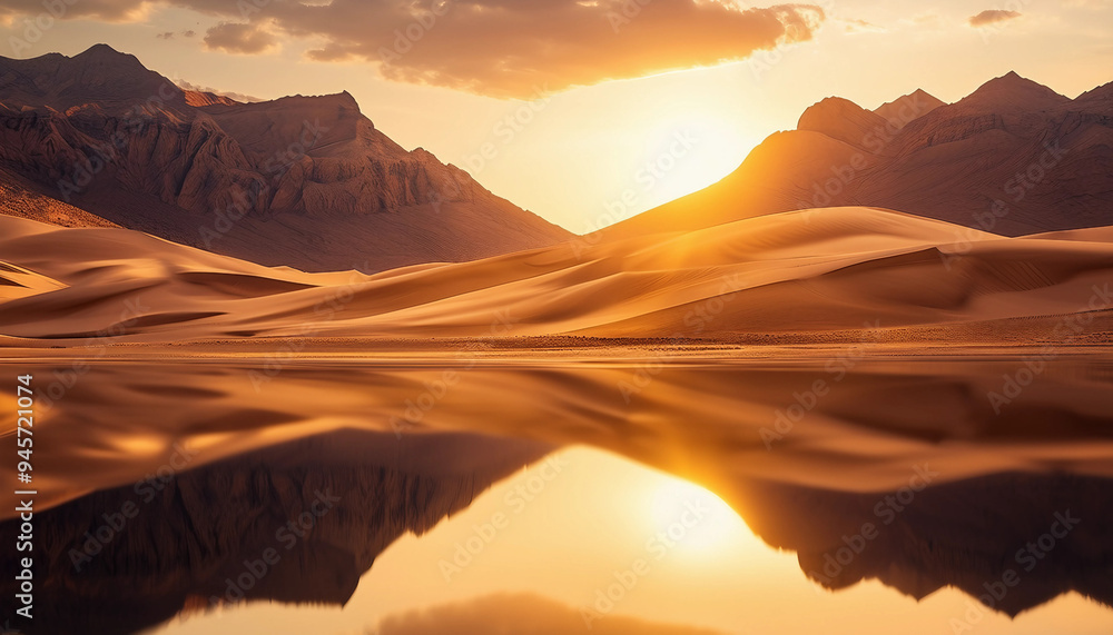Naklejka premium A stunning desert landscape at sunset, featuring rolling sand dunes and sharp mountain peaks