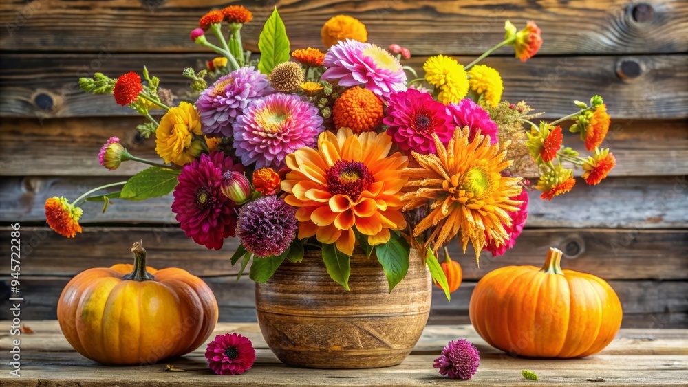 A rustic pumpkin serves as a unique vase for a vibrant bouquet of dahlias and wildflowers, adding a touch of autumn charm to any room. A rustic pumpkin serves as a unique vase for a vibrant bouquet of dahlias and wildflowers, adding a touch of autumn charm to any room.