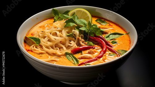 A bowl of Malaysian laksa with spicy coconut umami of Japanese ramen