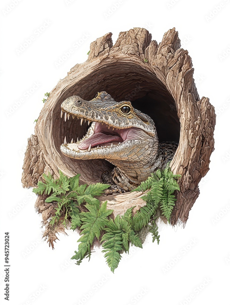 A striking illustration of a crocodile emerging from a tree stump, surrounded by vibrant green ferns in a natural setting. A striking illustration of a crocodile emerging from a tree stump, surrounded by vibrant green ferns in a natural setting.