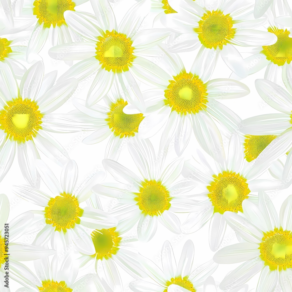 Fototapeta premium Bright and cheerful pattern of white daisies with vibrant yellow centers.