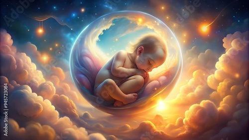 A serene, dreamlike illustration of a fetus nestled in a glowing, warm womb, surrounded by gentle, swirling lights and soft, pastel-colored clouds. photo