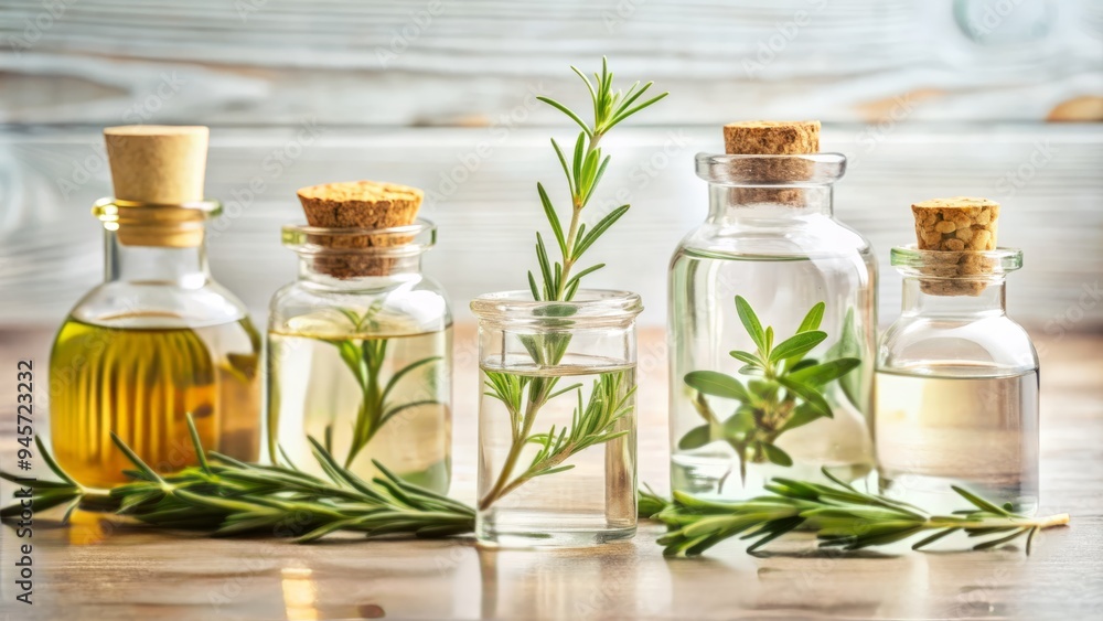 A serene, minimalist background showcases a collection of essential oil bottles, infused water, and a sprig of rosemary, evoking feelings of wellness and self-care. A serene, minimalist background showcases a collection of essential oil bottles, infused water, and a sprig of rosemary, evoking feelings of wellness and self-care.