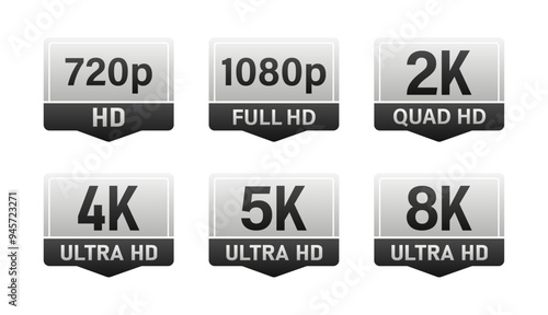 Set of modern glossy silver emblems showing video resolutions from hd to 8k standard