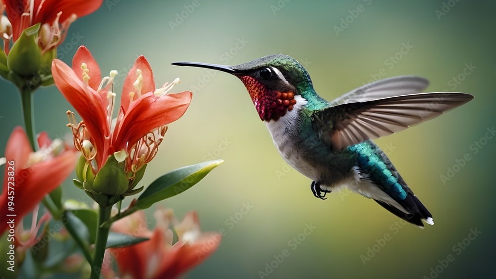 Fototapeta premium Hummingbird and Hamelia Flowers, Realistic Vector of Male Bee Hummingbird Sipping Nectar