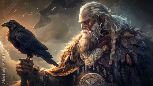 Odin, the norse god of wisdom and war, with a crow photo