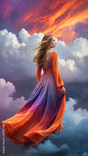 Fantasy woman with flowing hair among clouds