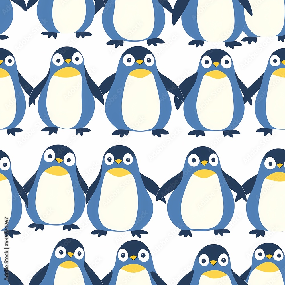 Obraz premium Cute cartoon penguins in a repeating pattern on a light background.