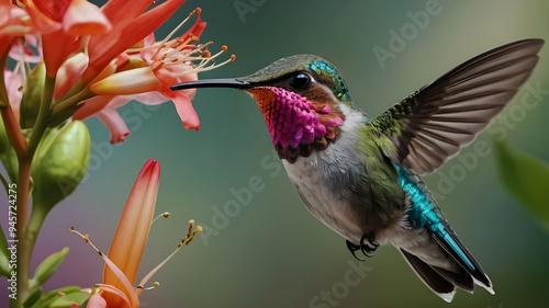 Hummingbird and Hamelia Flowers, Realistic Vector of Male Bee Hummingbird Sipping Nectar photo