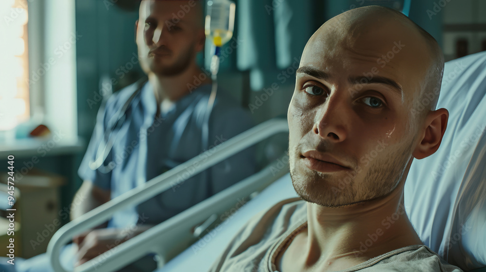 the cancer patient and his relative is waiting to speak with the doctor on the hospital bed for insurance advertisement the cancer patient and his relative is waiting to speak with the doctor on the hospital bed for insurance advertisement