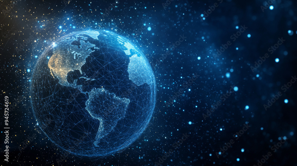 An abstract representation of Earth, depicted as a starry sky or cosmic realm. The planet is illustrated with a network of points, lines, and geometric shapes that simulate the appearance of planets. An abstract representation of Earth, depicted as a starry sky or cosmic realm. The planet is illustrated with a network of points, lines, and geometric shapes that simulate the appearance of planets.