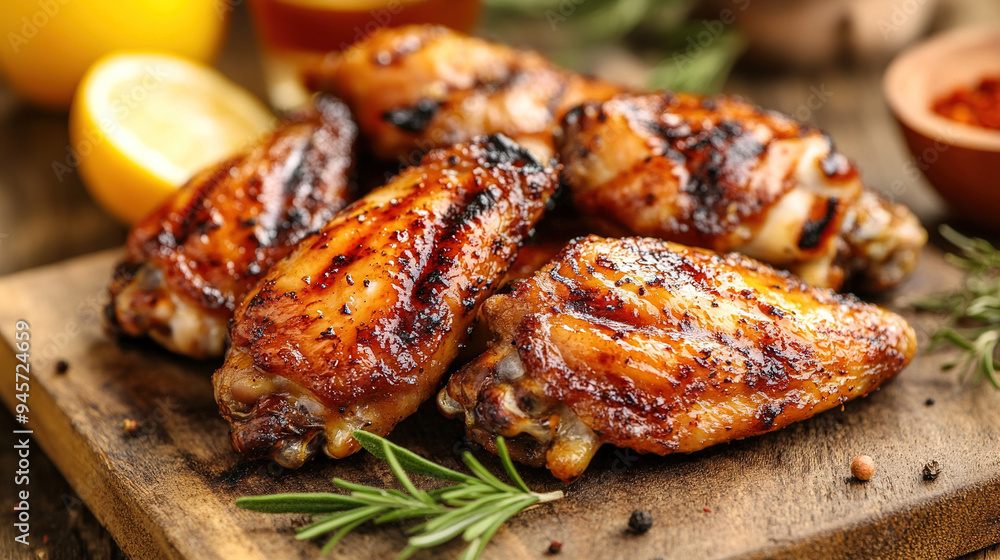 Close-up of grilled chicken wings with a golden-brown, crispy exterior and juicy interior, set against a rustic background, highlighting the rich flavors and appealing textures of the dish. Close-up of grilled chicken wings with a golden-brown, crispy exterior and juicy interior, set against a rustic background, highlighting the rich flavors and appealing textures of the dish.