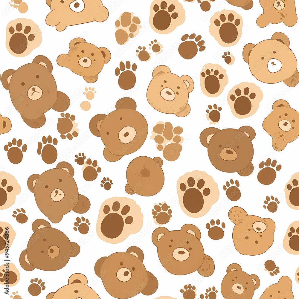 Cute pattern of teddy bears and paw prints in soft brown tones. Cute pattern of teddy bears and paw prints in soft brown tones.