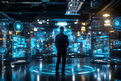 Silhouette of the Future: A lone figure stands confidently amidst a futuristic, data-driven landscape, illuminated by glowing screens.  The image evokes a sense of control, innovation, and the potenti photo