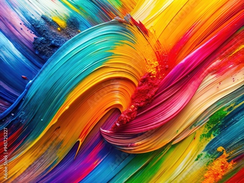 Vibrant multicolored paint streaks sweep across a clean white background, creating a dynamic abstract composition with bold brushstrokes and textures.