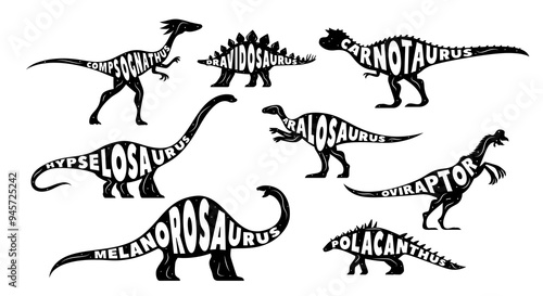 Dinosaurs silhouettes with lettering, Jurassic era lizards and dino characters, cartoon vector. Prehistoric dinosaurs species of dravidosaurus, carnotaurus and melanosaurus and oviraptor silhouettes