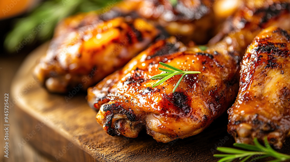 Close-up of grilled chicken wings with a golden-brown, crispy exterior and juicy interior, set against a rustic background, highlighting the rich flavors and appealing textures of the dish. Close-up of grilled chicken wings with a golden-brown, crispy exterior and juicy interior, set against a rustic background, highlighting the rich flavors and appealing textures of the dish.