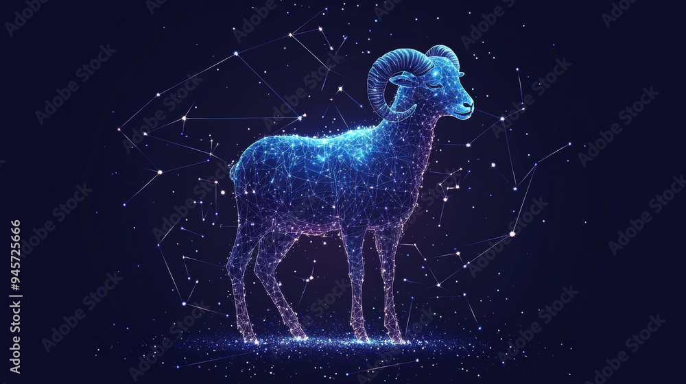 An abstract representation of a ram, crafted to resemble a starry sky or cosmic expanse. The ram's form is illustrated using a network of points, lines, and geometric shapes that evoke planets, stars, An abstract representation of a ram, crafted to resemble a starry sky or cosmic expanse. The ram's form is illustrated using a network of points, lines, and geometric shapes that evoke planets, stars,