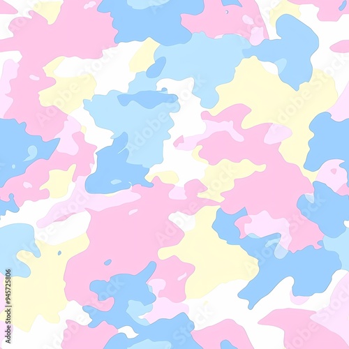 Soft pastel camouflage pattern in pink, blue, and yellow hues.