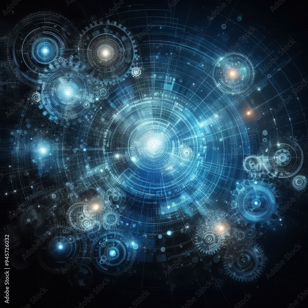 Abstract blue digital technology background with gears and cogs, dark color palette
Abstract blue digital technology background with gears and cogs, dark color palette