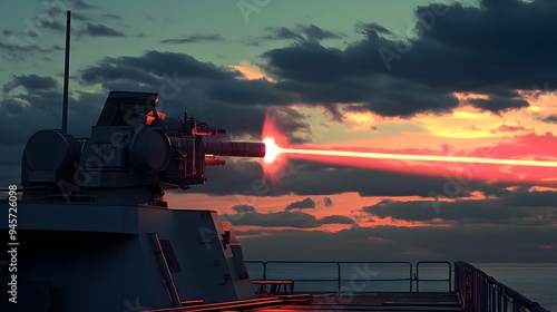 Powerful Laser Weapon System Mounted on Naval Ship at Sunset