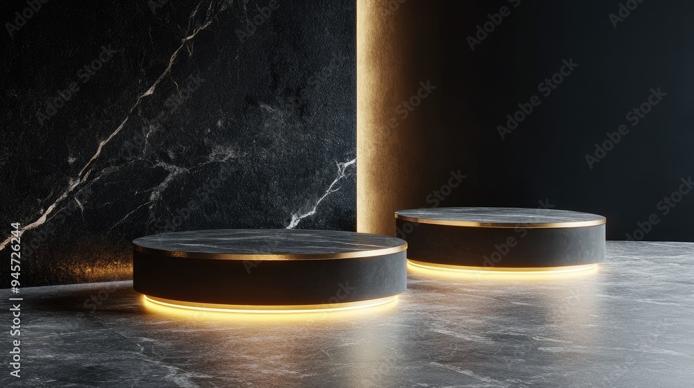 Sleek 3D render featuring abstract platforms with gleaming gold elements, perfect for high-end product displays, promotional materials, or sophisticated banners. Sleek 3D render featuring abstract platforms with gleaming gold elements, perfect for high-end product displays, promotional materials, or sophisticated banners.