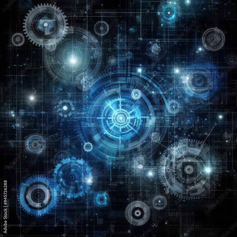 Abstract blue digital technology background with gears and cogs, dark color palette
Abstract blue digital technology background with gears and cogs, dark color palette