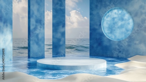 Sophisticated 3D render with a round display platform on water and sand, framed by glass panels. Perfect for high-end product showcases with a blue geometric background and empty space.