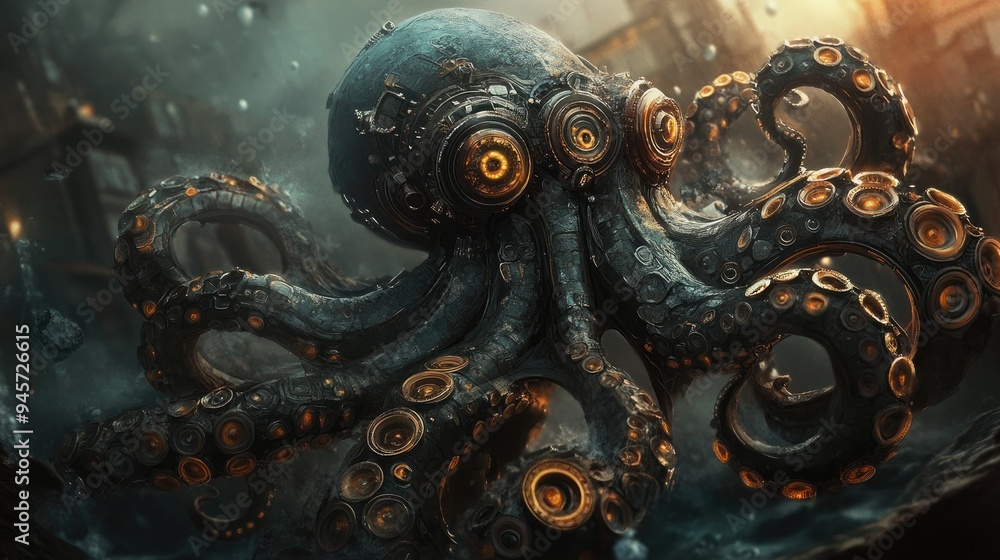 Steampunk octopus in a deep-sea setting, designed as a cyborg. The blend of mechanical and marine elements creates a unique and imaginative visual. Steampunk octopus in a deep-sea setting, designed as a cyborg. The blend of mechanical and marine elements creates a unique and imaginative visual.