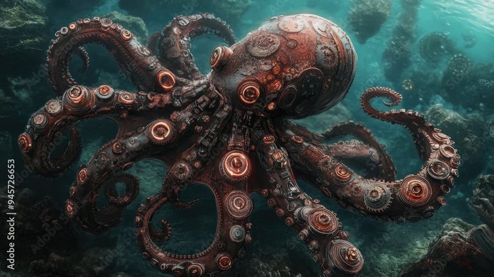 Steampunk-themed octopus with cyborg elements, set in a deep-sea environment. The combination of gears and marine life creates a fascinating and imaginative image. Steampunk-themed octopus with cyborg elements, set in a deep-sea environment. The combination of gears and marine life creates a fascinating and imaginative image.