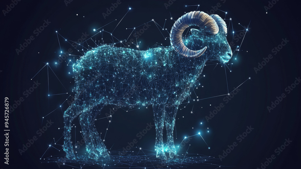 An abstract representation of a ram, crafted to resemble a starry sky or cosmic expanse. The ram's form is illustrated using a network of points, lines, and geometric shapes that evoke planets, stars, An abstract representation of a ram, crafted to resemble a starry sky or cosmic expanse. The ram's form is illustrated using a network of points, lines, and geometric shapes that evoke planets, stars,