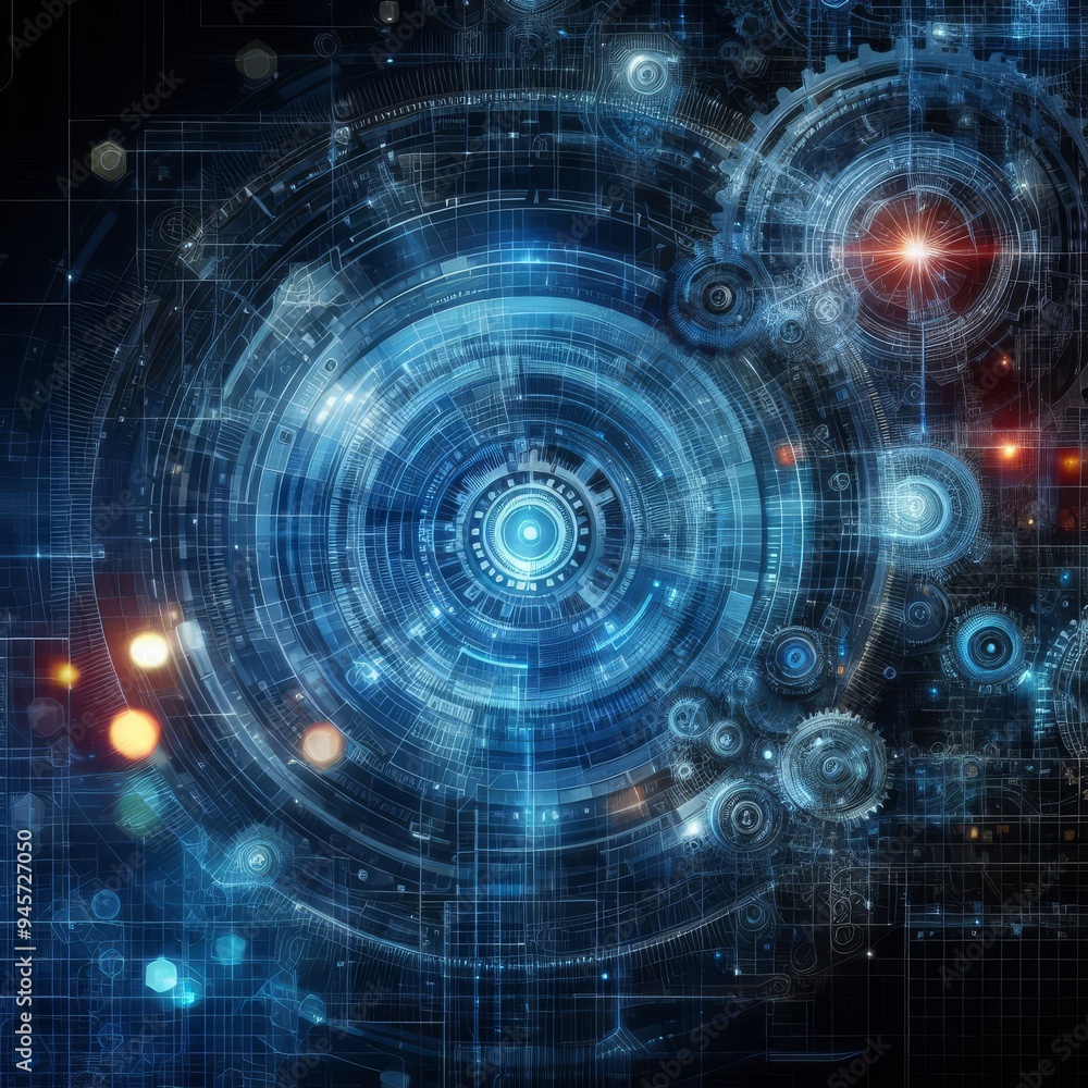 Abstract blue digital technology background with gears and cogs, dark color palette
Abstract blue digital technology background with gears and cogs, dark color palette