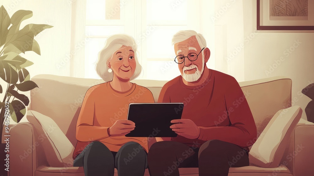 Tender moment captured with an elderly couple on a sofa, joyfully sharing a tablet and looking at something together. Ideal for depicting family bonds and technology use. Tender moment captured with an elderly couple on a sofa, joyfully sharing a tablet and looking at something together. Ideal for depicting family bonds and technology use.