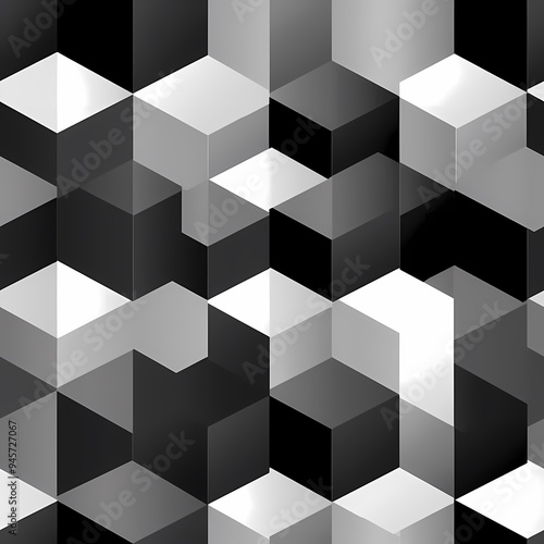 Abstract geometric cubes in black, white, and gray tones creating a modern design.