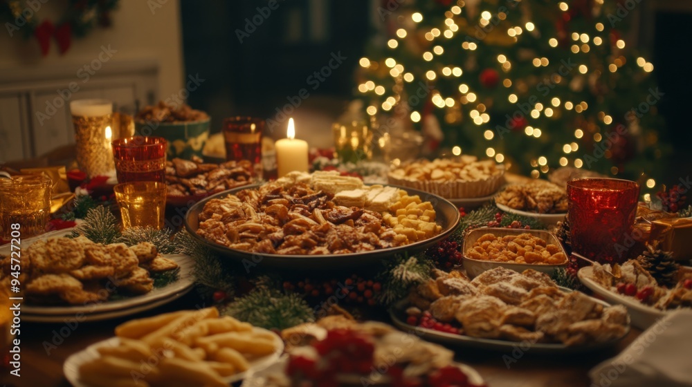 Festive Christmas dinner table with delicious food and sparkling New Year's decorations Festive Christmas dinner table with delicious food and sparkling New Year's decorations