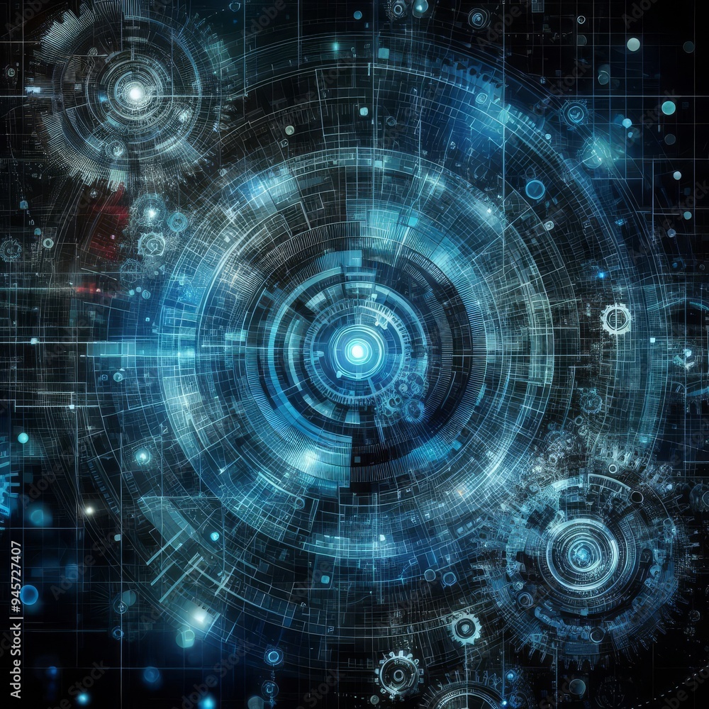 Abstract blue digital technology background with gears and cogs, dark color palette
Abstract blue digital technology background with gears and cogs, dark color palette