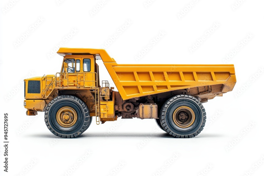 A side view of a yellow dump truck, commonly used in construction and mining. A side view of a yellow dump truck, commonly used in construction and mining.