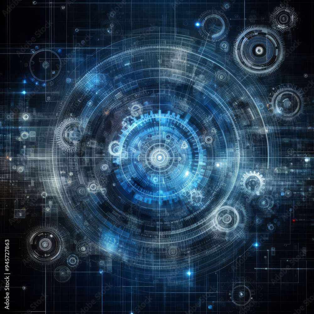 Abstract blue digital technology background with gears and cogs, dark color palette
Abstract blue digital technology background with gears and cogs, dark color palette