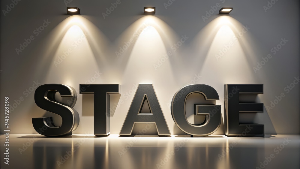 Single Stage Sign A sleek, modern stage sign hung from a rigging system, bold black ...