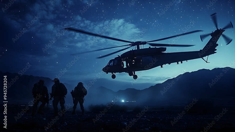 Soldiers Deploying from Military Helicopter for Covert Night Mission Soldiers Deploying from Military Helicopter for Covert Night Mission