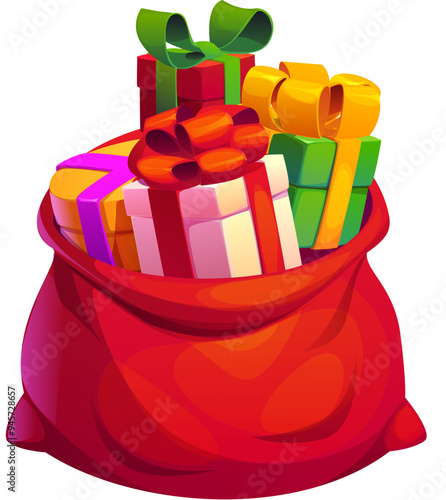 Cartoon Christmas holiday gifts bag. Vibrant red sack filled with colorful xmas presents , adorned with bright ribbons and wrapping. Isolated vector item essential for xmas events and Santa Claus