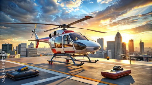 A sleek helicopter equipped with medical equipment and stretcher lands on a helipad amidst a bustling cityscape, ready for emergency airlift operations. photo